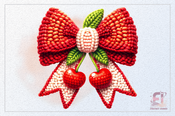 Cozy Digital Charm: The Crochet Cherry Bow Clipart