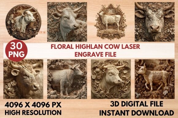 Floral Highland Cow Laser Engrave File: Rustic Artistry for Your Projects