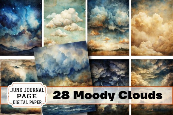 Moody Clouds Junk Journal Papers: Creative Design Elements