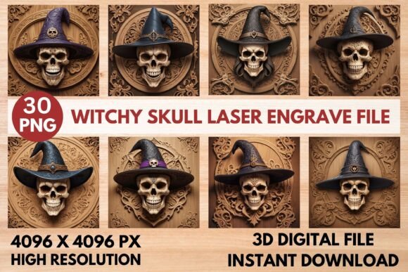 Witchy Skull Laser Engrave File: Premium 3D Design Asset